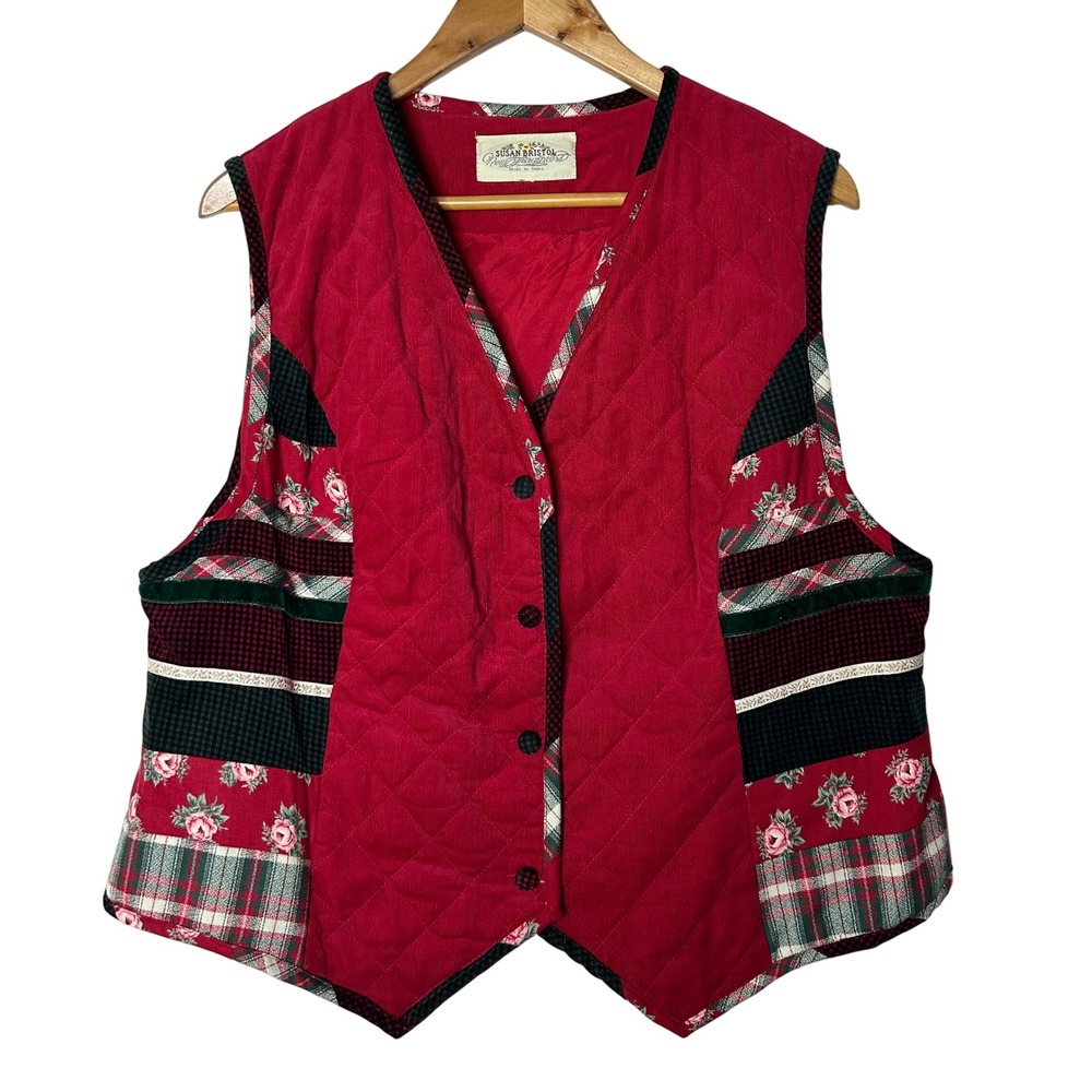 Susan Bristol Vest Size‎ XL Quilted Floral Plaid Cottagecore Sleeveless